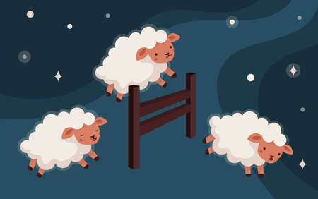 Sheep jump over the fence. Insomnia, counting of lambs to fall asleep. Sweet dreams. Starry sky. Flat vector illustration in cartoon style.のイラスト素材