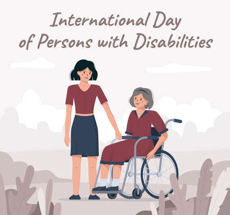 Flat vector illustration of a granddaughter congratulating her grandmother in a wheelchair. On December 3 international day of disabled persons. The concept of a banner or postcard in red colors.のイラスト素材
