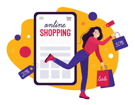 The concept of online shopping. Happy woman jumps out of smartphone with purchases. People shop in...