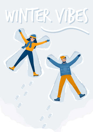 Happy couple makes snow angels, winter vibes. Man and a woman are lying on the ground. Vector flat posterのイラスト素材