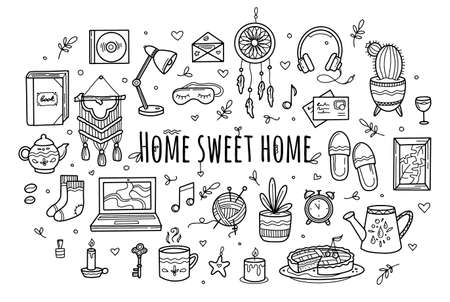 Sweet cozy home icon set in hand drawing doodle style. Vector sketch scandinavian illustrationsのイラスト素材
