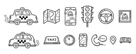 Hand drawn doodle Taxi set of icons. Traffic light, cars, signs. Vector illustration in black colourのイラスト素材