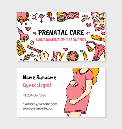 Management of pregnancy and prenatal care clinic visit card in Doodle style, vector template for the gynecologistのイラスト素材