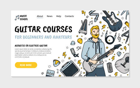 Guitar courses landing page in Doodle style, vector template for teachers of electric and acoustic guitar or for music schoolのイラスト素材