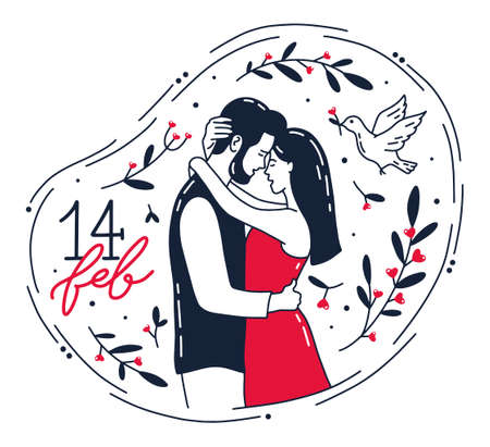 Valentine s Day February 14, romantic couple hugs and kisses. A man, a woman and a pigeon in the Doodle style, hand drawing.のイラスト素材