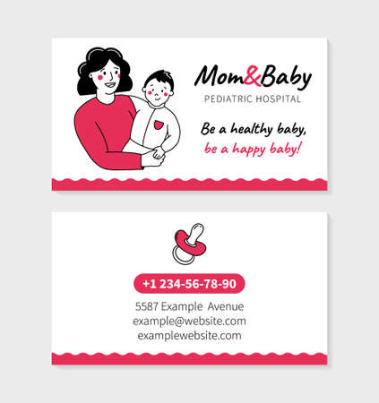 Pediatric clinic mom and baby visit card for printing in Doodle style, double-sided vector templateのイラスト素材