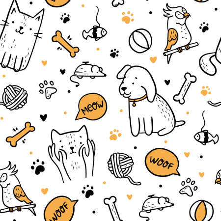 Pets cats and dogs seamless pattern in doodle style. Linear vector animal iconsのイラスト素材