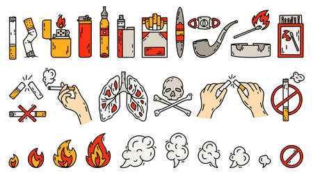 Smoking vector icons set in doodle style, hand drawing. The concept of bad habits with tobacco, lighters and Cigarettesのイラスト素材
