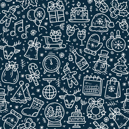 New Year and Christmas blue seamless pattern in doodle sketch styleのイラスト素材