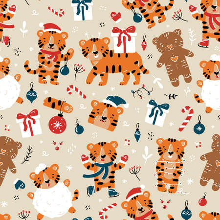 Christmas and New Year tigers vector seamless patternのイラスト素材