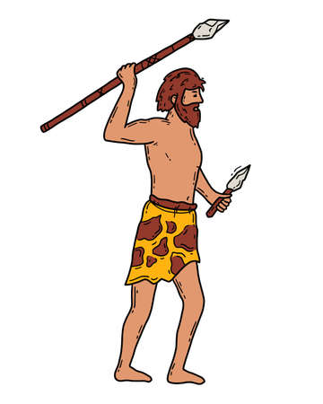 Neanderthal, male caveman with a spear, vector illustrationのイラスト素材