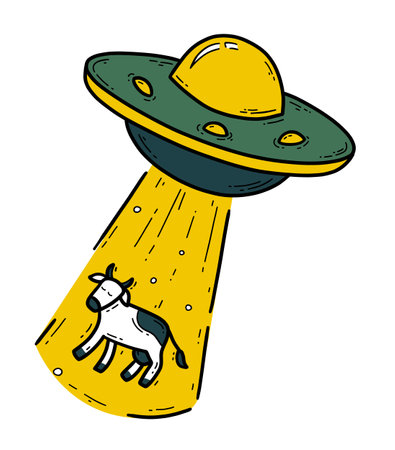 UFO flying saucer abducts cow, spaceship vector icon in doodle styleのイラスト素材