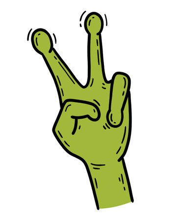 Alien hand with V sign gesture, peace sign in cartoon styleのイラスト素材
