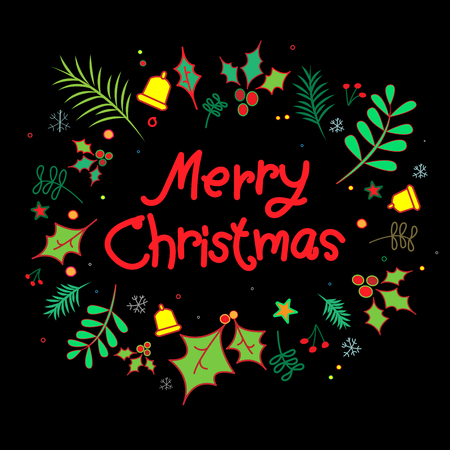Merry Christmas lettering with tree, leaf, star, snowflake, bell decorations on black background. 10 eps vector. Merry Christmas text card design.のイラスト素材