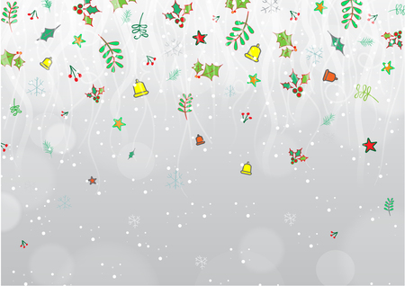 Merry Christmas glow gray background. There are bells, leaves, snowflakes, stars decoration of winter background design, vector.のイラスト素材