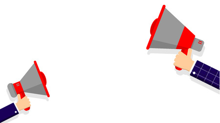 Two hand holding loudspeaker on white background for announcement, declare, advertising, election, promotion. Megaphone design vector.のイラスト素材
