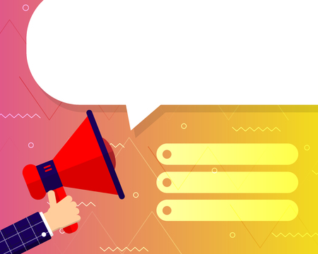 Announce banner web design. Hand holding loudspeaker on modern geometric and line shape gradient background, vetor.のイラスト素材