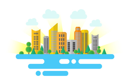 Flat modern downtown building, tree, water and sky cityscape design. Urban landscape concept design, illustration vector.のイラスト素材