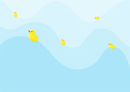 Cute baby chickens cartoon are swimg on the blue sea background, illustration vector. Animal cute background design concept.のイラスト素材