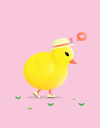 Cute cartoon yellow baby chicken bird that wore hat and sneaker is walking, illustration vector.のイラスト素材