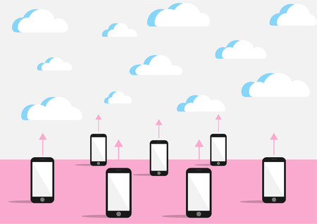 Cloud system for backup data of mobile phone or other gadgets on pink and light blue cartoon design, illustration vector. Internet data syncing in supporting database server.のイラスト素材