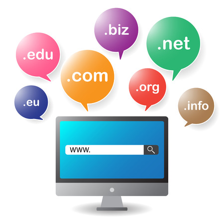 Domain or sundomain for registration internet website bubbles concept cartoon vector, illustration. Computer and bubble icons on white background.のイラスト素材