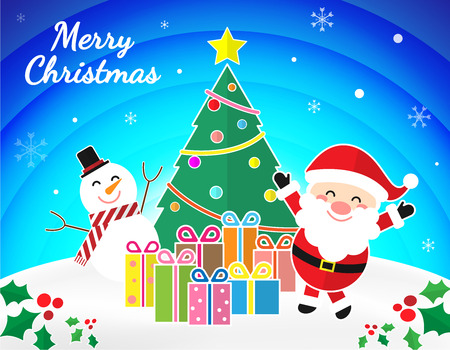 Merry Chrismas season cartoon concept, illustration vector. Santa claus, decorative christmas tree and snow man on falling snow flakes blue background, eps file.のイラスト素材