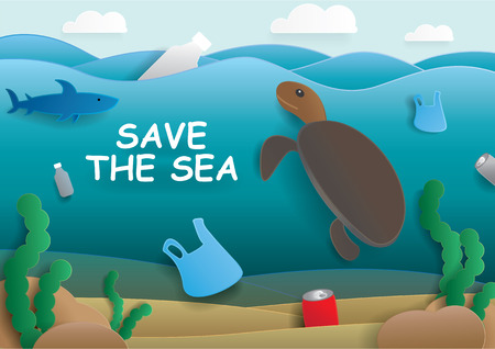 Save the sea or ocean cartoon vector concept, illustration. There are plastic bag,bottle,trash,waste,garbage,rubblish,turtle,shark,fish,seaweed in the sea on blue sky background. Water pollution.のイラスト素材