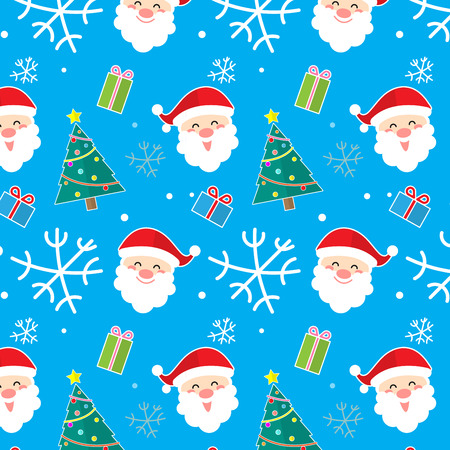 Smiling Santa cluas face,gift boxes,christmas tree decoration,snow flakes on light blue pattern seamless background design,vector illustration.Paper warp in merry christmas concept cartoon design.のイラスト素材