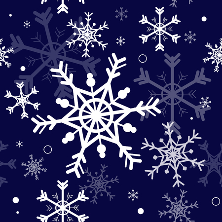 Snowflake element seamless pattern illustration design on dark blue background,vector. Christmas paper warpping decoration concept. Repeat crystal shine white and gray snow cartoon abstract background.のイラスト素材