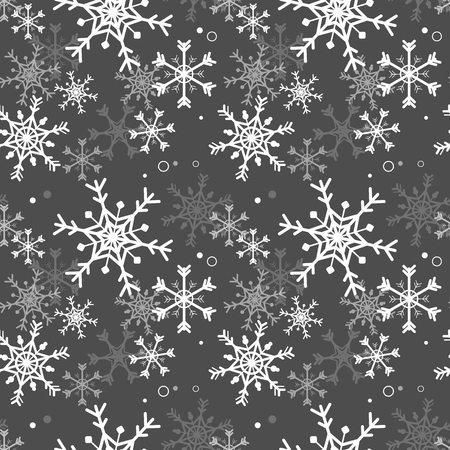 Snowflake seamless pattern illustration design on dark gray background,vector. Christmas paper warpping decoration concept. Repeat shine white and gray snow cartoon abstract background.のイラスト素材