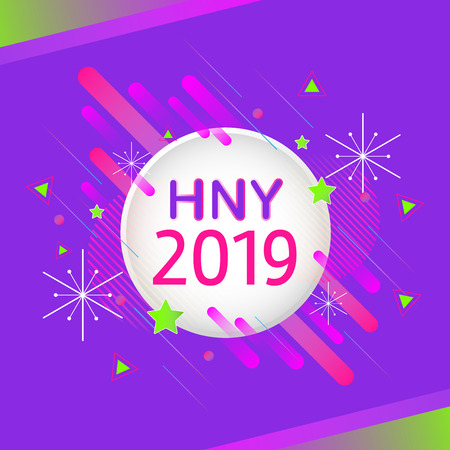 Trendy color lettering happy new year 2019 with modern geometric elements cartoon design vector illustration.Pink,green,purple neon color theme celebration of new year party.Greeting card template decoration.のイラスト素材