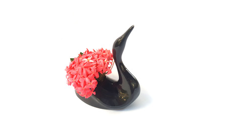 The black swan on white background. The vase molding as a black swan. The red flower arrange in the vase. The red flower as the wing of a black swan.の写真素材
