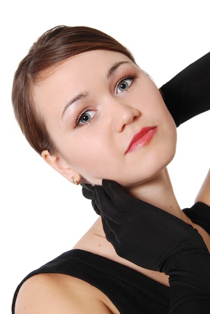 Portrait of the beautiful girl with black gloves isolated on white backgroundの写真素材