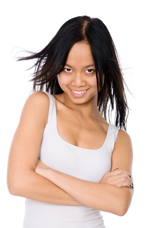 Asian girl smiles,isolated on white backgroundの写真素材