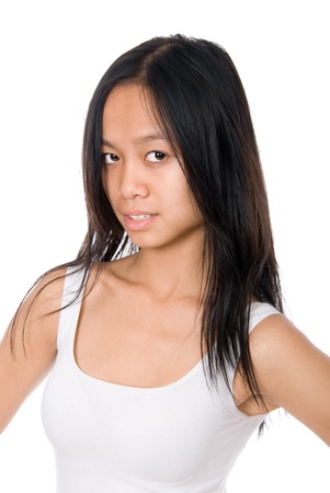 teen girl beautiful cheerful enjoying isolated on white backgroundの写真素材