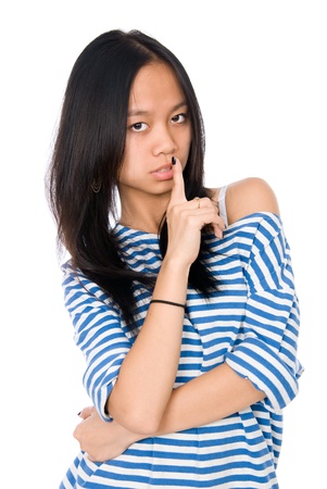 Beautiful woman with her finger to her lips ,isolated on white backgroundの写真素材