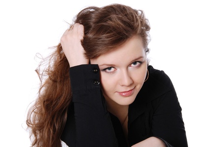 Portrait p of the happy young woman, smiling isolated on a white backgroundの写真素材