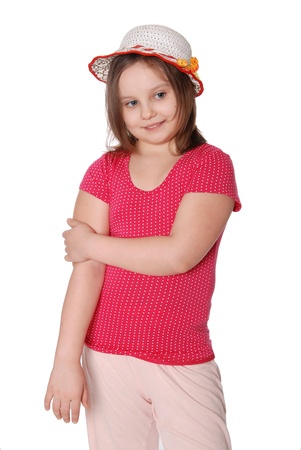 The smiling girl in a hat isolated on white backgroundの写真素材
