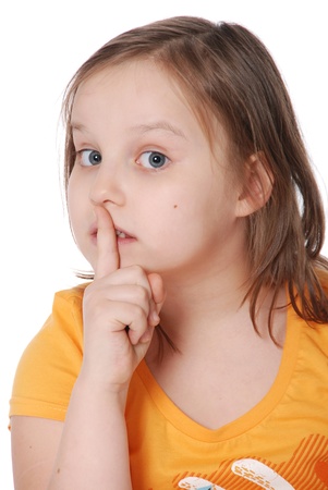 The emotional girl with a forefinger before a mouth isolated on white backgroundの写真素材