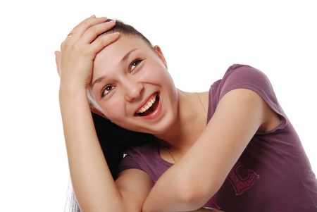 Beautiful young woman looking size in thoughtful and dreaming - white background,horisontalの写真素材