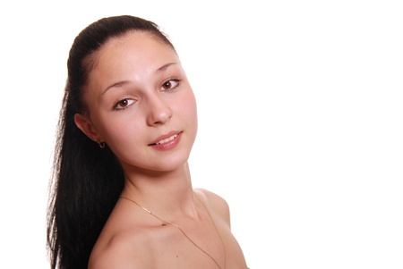 Portrait  of the happy young woman, isolated on a white backgroundの写真素材