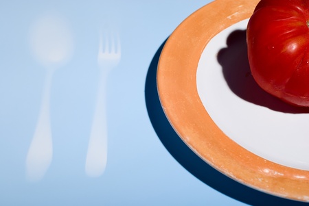 One tomato on a plate on a blue backgroundの写真素材