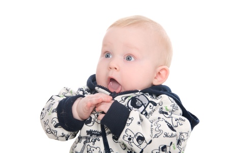 The surprised kid with an open mouth.Isolated on whiteの写真素材