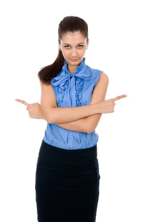 Beautiful business woman pointing with both hands over white backgroundの写真素材