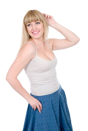 Beautiful woman with a hand on the head Isolated over white backgroundの写真素材