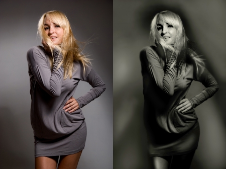 The beautiful girl on a gray background. Two options - original and tintedの写真素材
