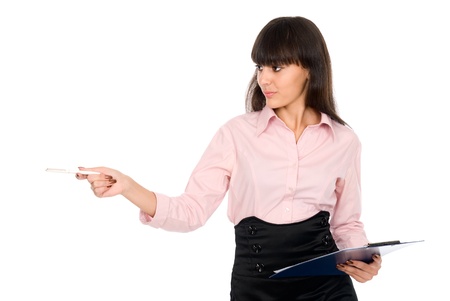 Business woman with a clipboard shows pen aside,isolated on a white backgroundの写真素材