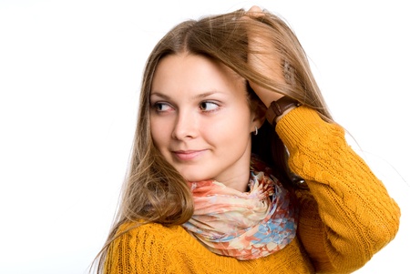 Portrait of a beautiful young woman looking aside.Iisolated on white backgroundの写真素材