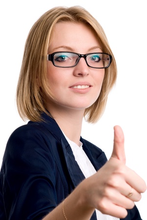 Smiling business woman gesture shows okay isolated over white backgroundの写真素材